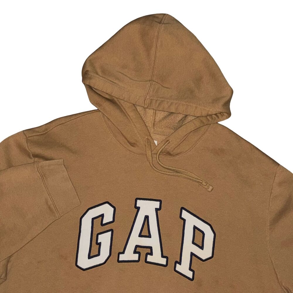 Vintage Gap Hoodie Sweatshirt Mens 2XL Tan Y2K Logo Spell Out Fleece Pullover